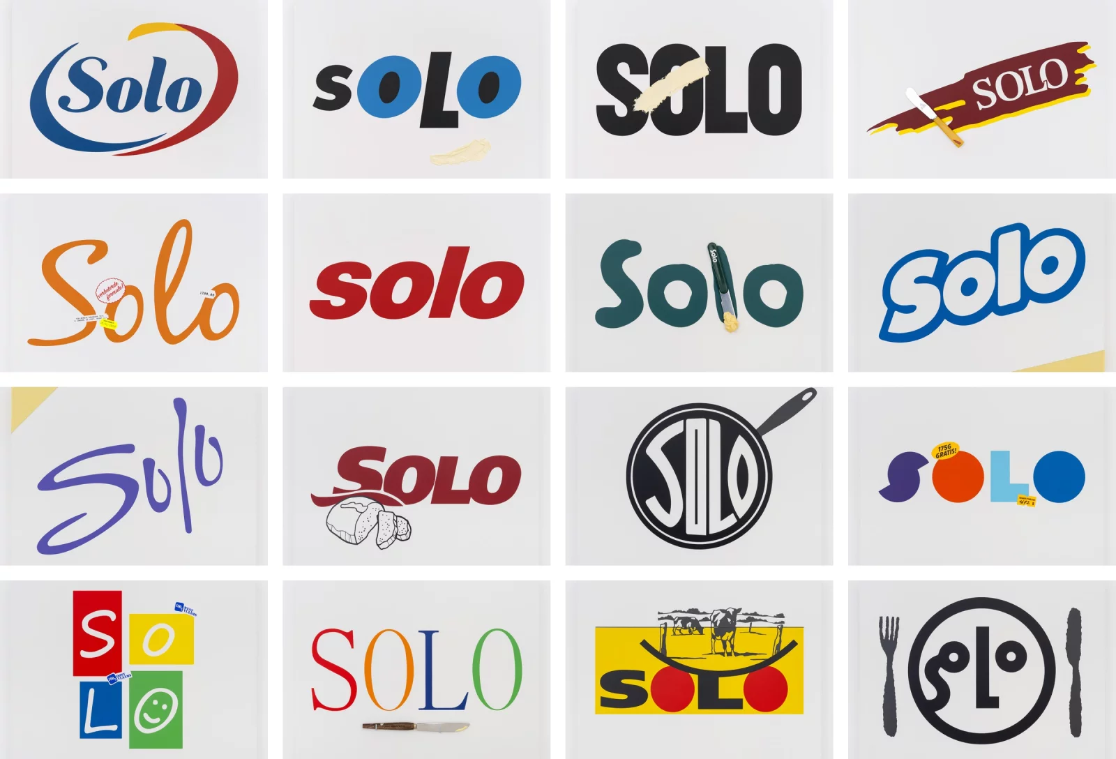 Sixteen paintings, each showing the word SOLO in a different logo