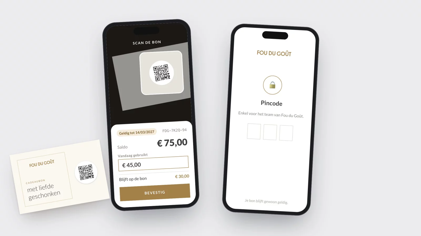 Two phone screens: on the left the team scans a voucher and sees the balance, on the right the app asks a guest scanning their own voucher for a PIN