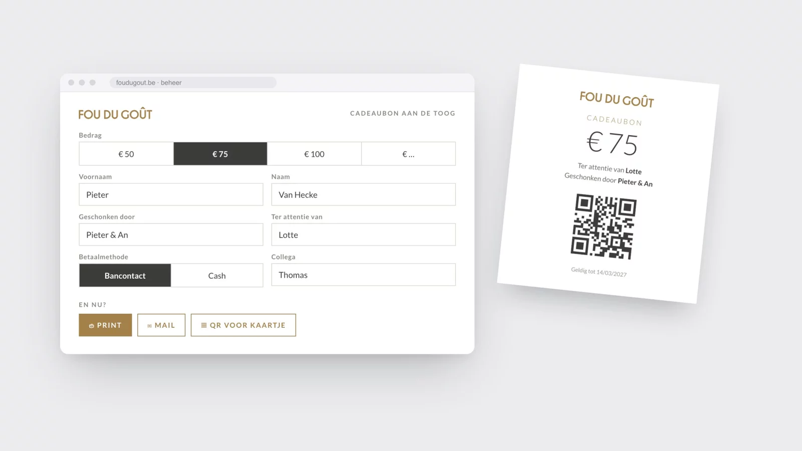 The back-office screen for creating a gift voucher at the counter, with amount, names, payment method and colleague, next to the printed voucher