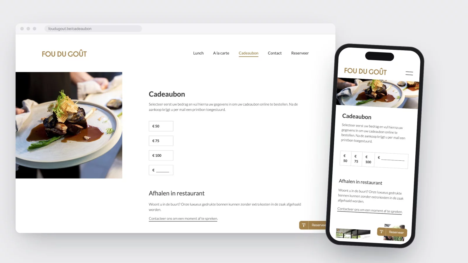 The gift voucher page of foudugout.be on desktop and on a phone, with the amounts 50, 75 and 100 euros or a custom amount