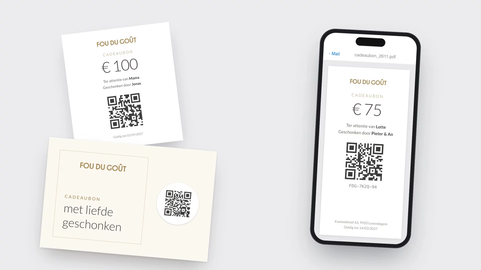 Three forms of the same gift voucher: a printed voucher, a card with a QR sticker and a PDF on a phone