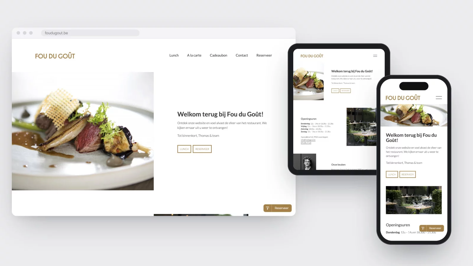 The homepage of foudugout.be on desktop, tablet and phone