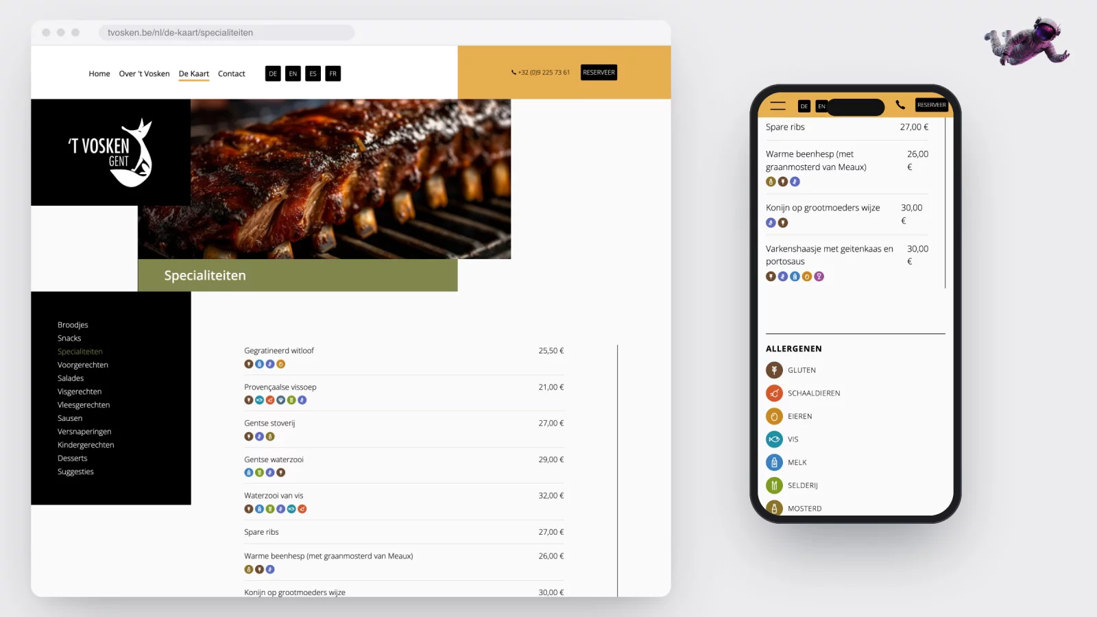The Specialities page of tvosken.be in a browser window with coloured allergen dots next to each dish, and the same page on a phone with the legend below it