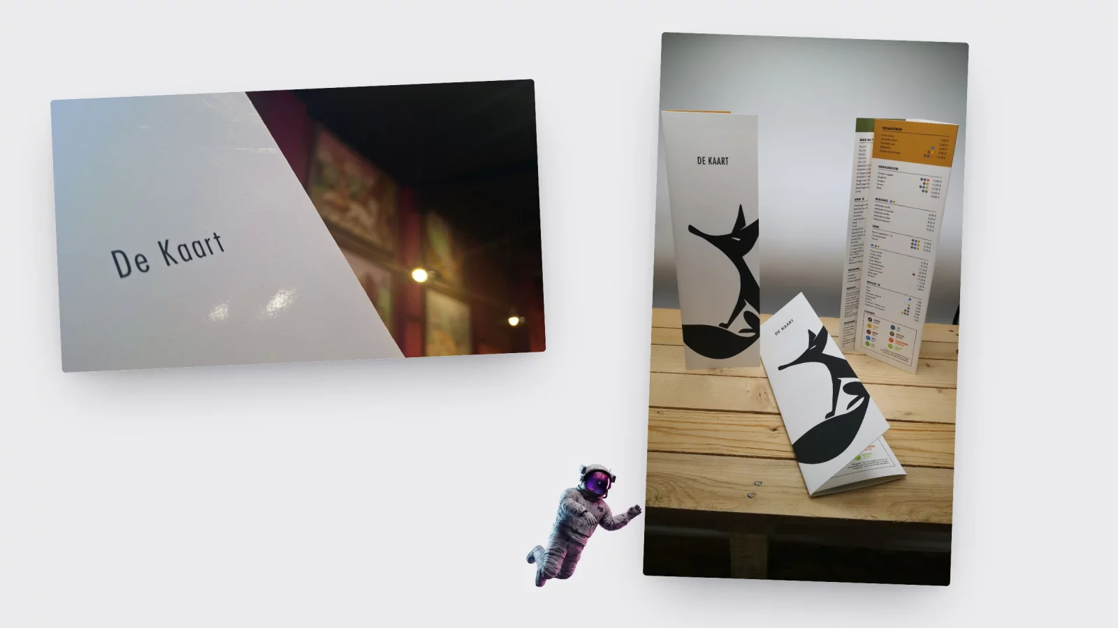 Photos of the printed 't Vosken menu: the three-panel fold with the fox standing on a table, and the De Kaart cover inside the restaurant