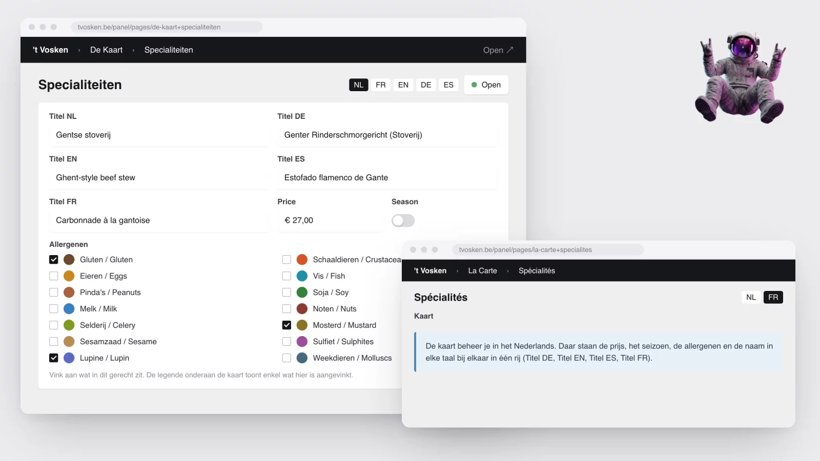 Rebuilt admin screen showing title fields for NL, DE, EN, ES and FR, a price, a season toggle and fourteen allergen checkboxes