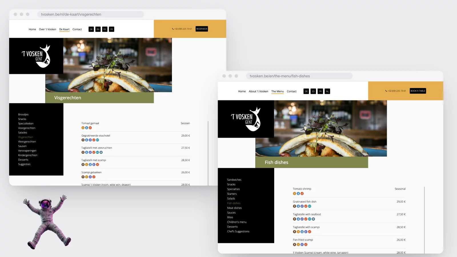 Two browser windows showing the same fish dishes page of tvosken.be, in Dutch on the left and in English on the right