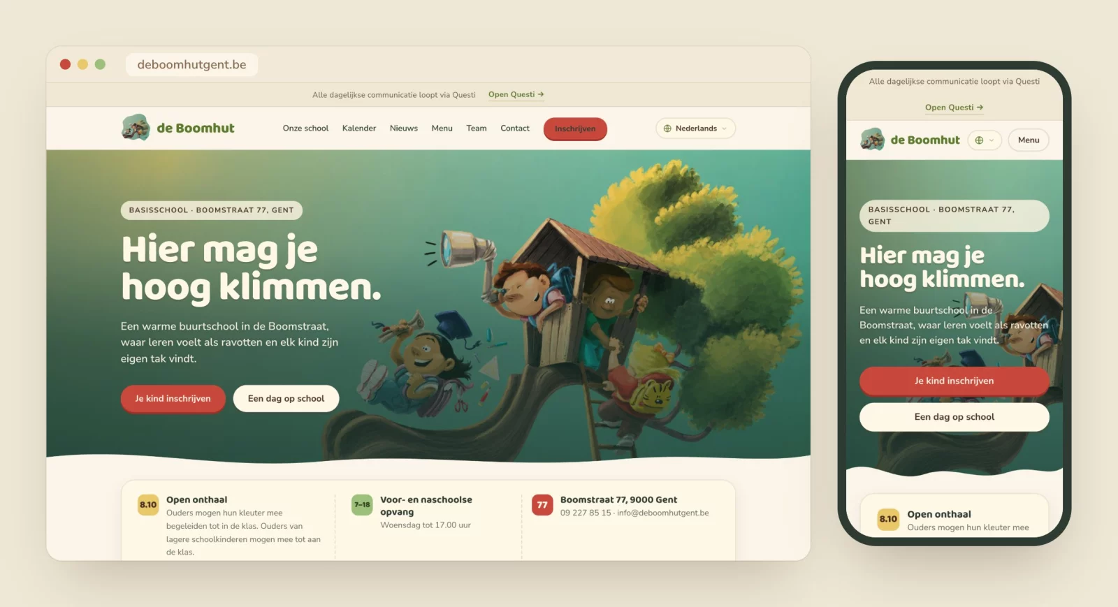 De homepage van deboomhutgent.be op desktop en gsm