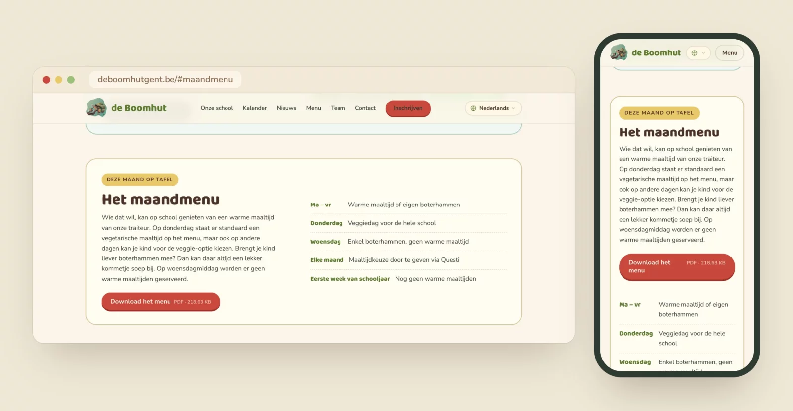 Het maandmenu op de homepage