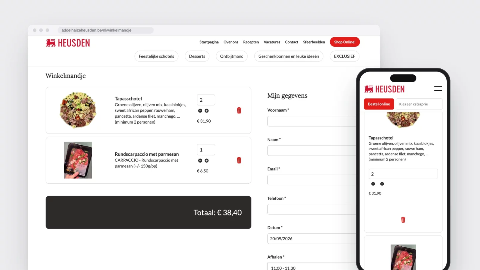 The basket with two platters, a date picker and a dropdown of half-hour pickup slots