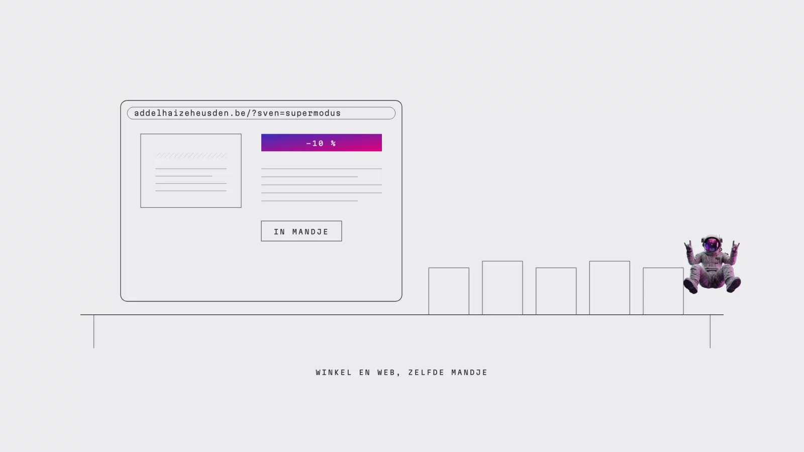 Diagram: a tablet in a shop shelf with the parameter sven=supermodus in the address bar and a discount label