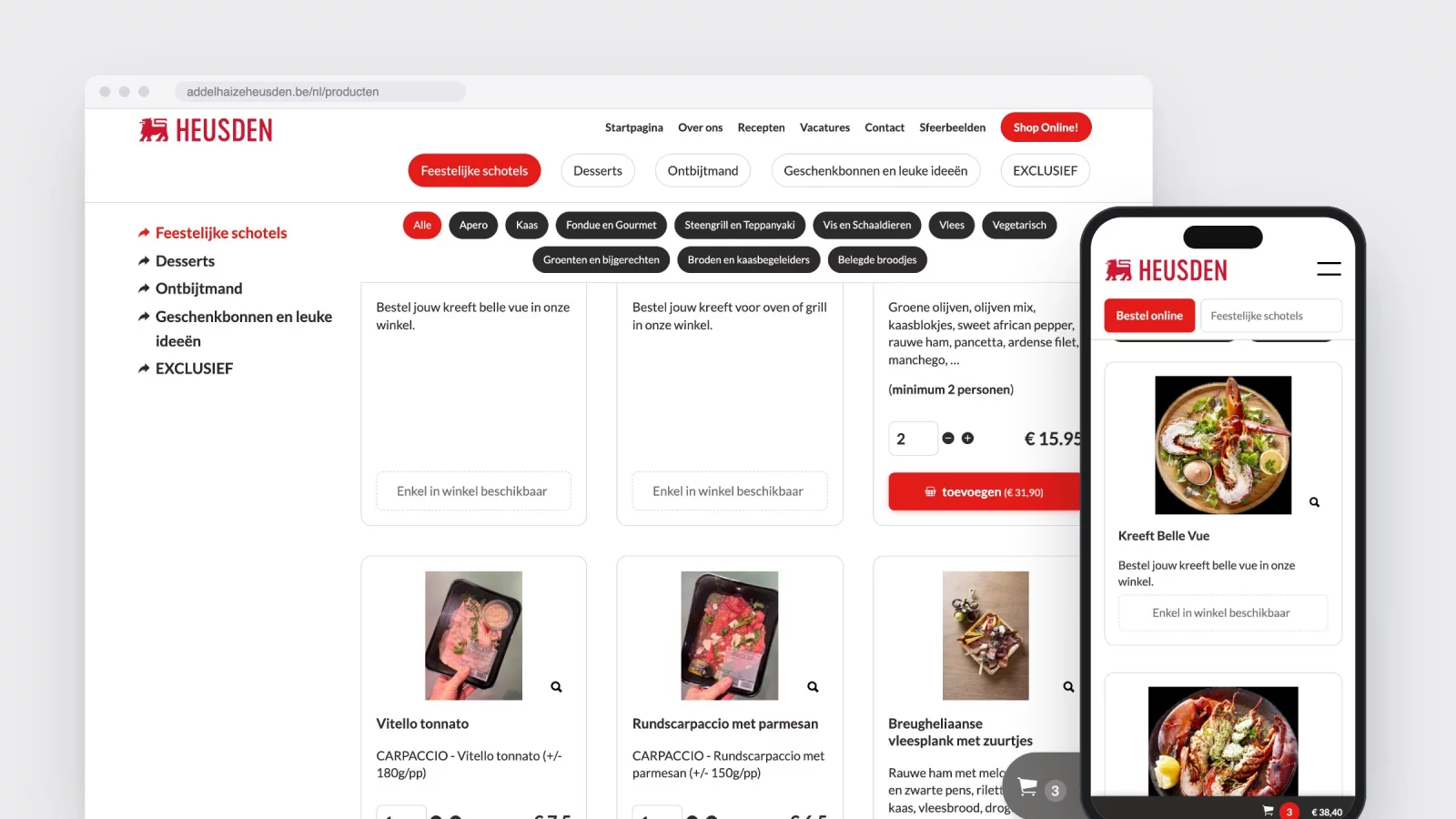 The webshop product list with filters per type and prices per platter, on desktop and phone