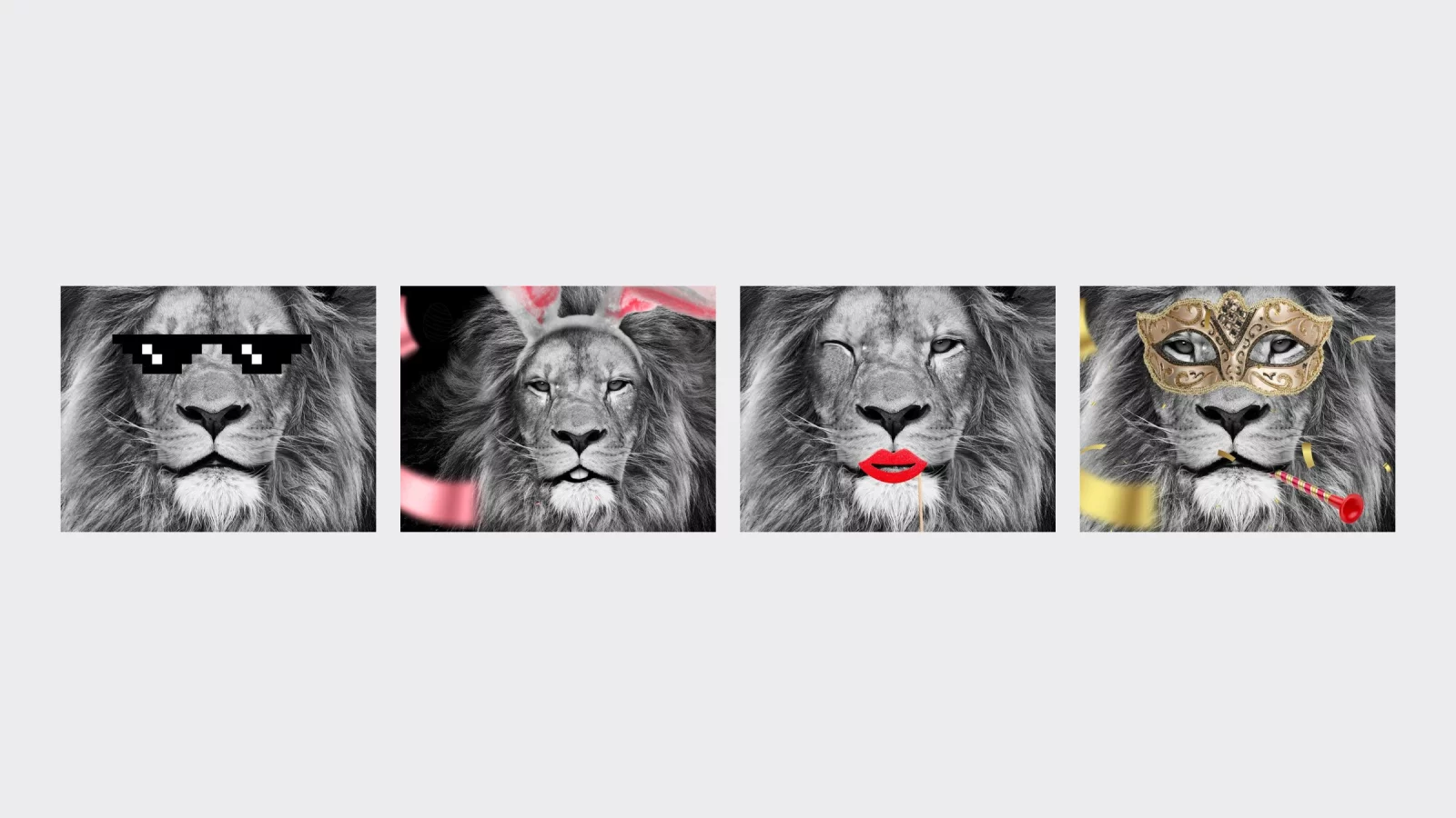 Four seasonal banners with the same lion&rsquo;s head: with sunglasses, bunny ears, lipstick and a carnival mask