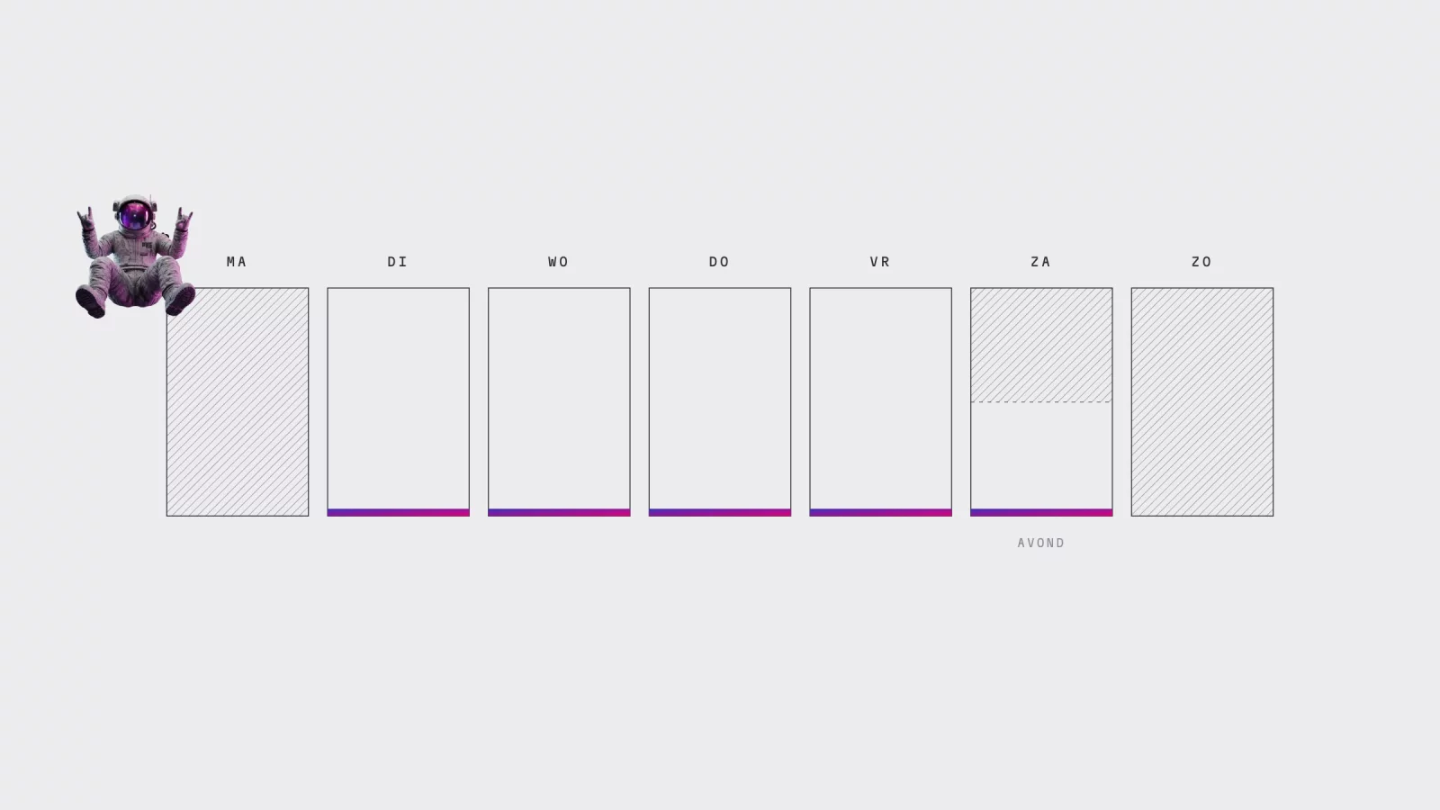 Diagram: seven day cells, Monday and Sunday fully hatched, Saturday half, with a seated astronaut next to Monday