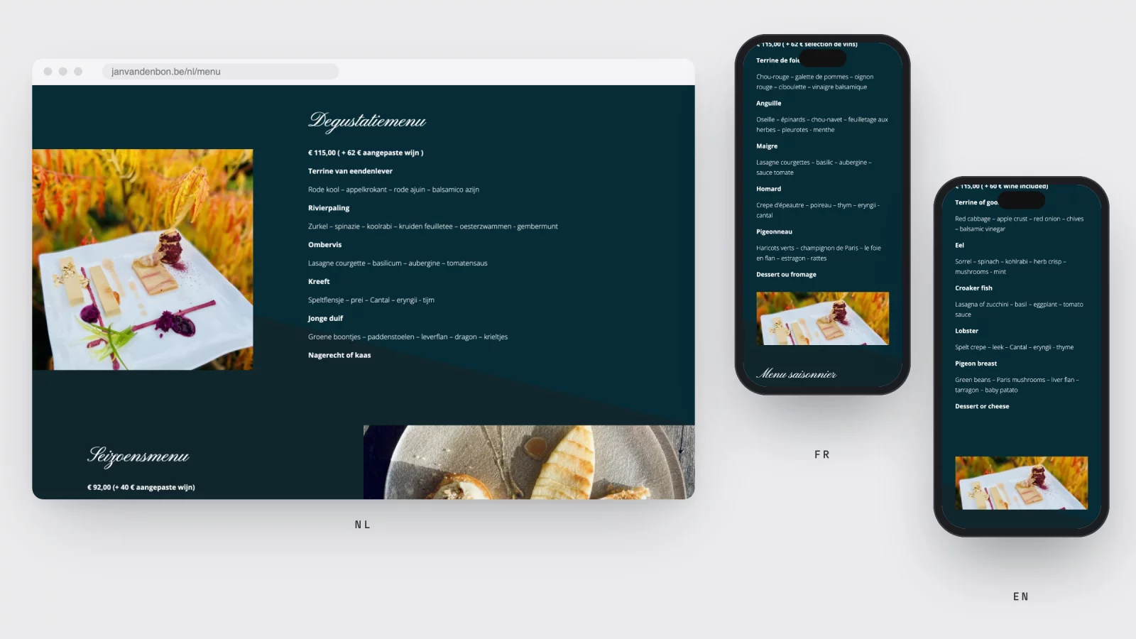 The menu page of janvandenbon.be on screen in Dutch, next to the same page in French and English on two phones