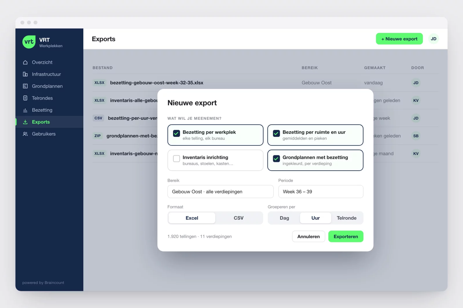 The Braincount export dialog with a choice of datasets, scope, period and format