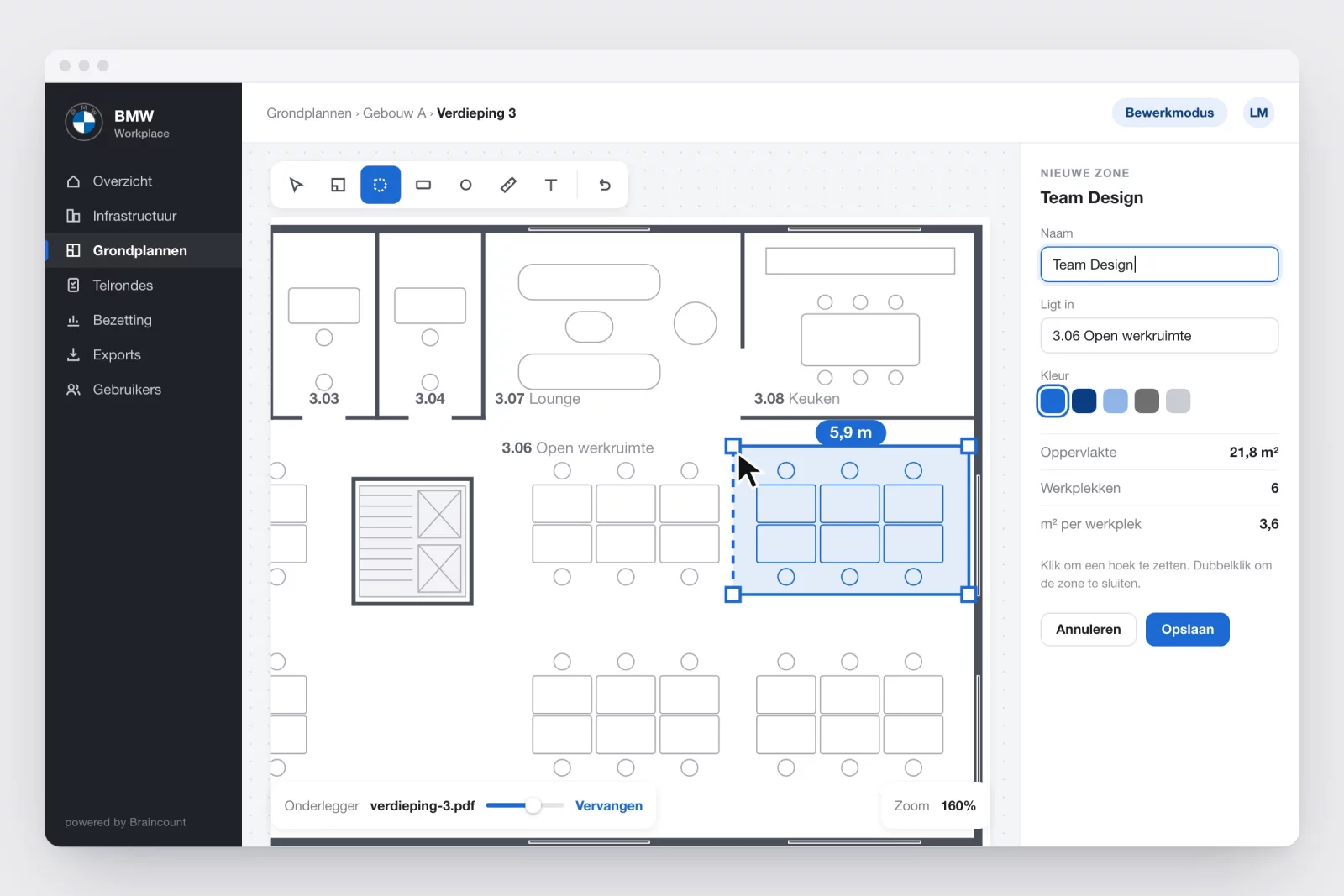 An admin drawing a new zone around a cluster of desks on the floor plan