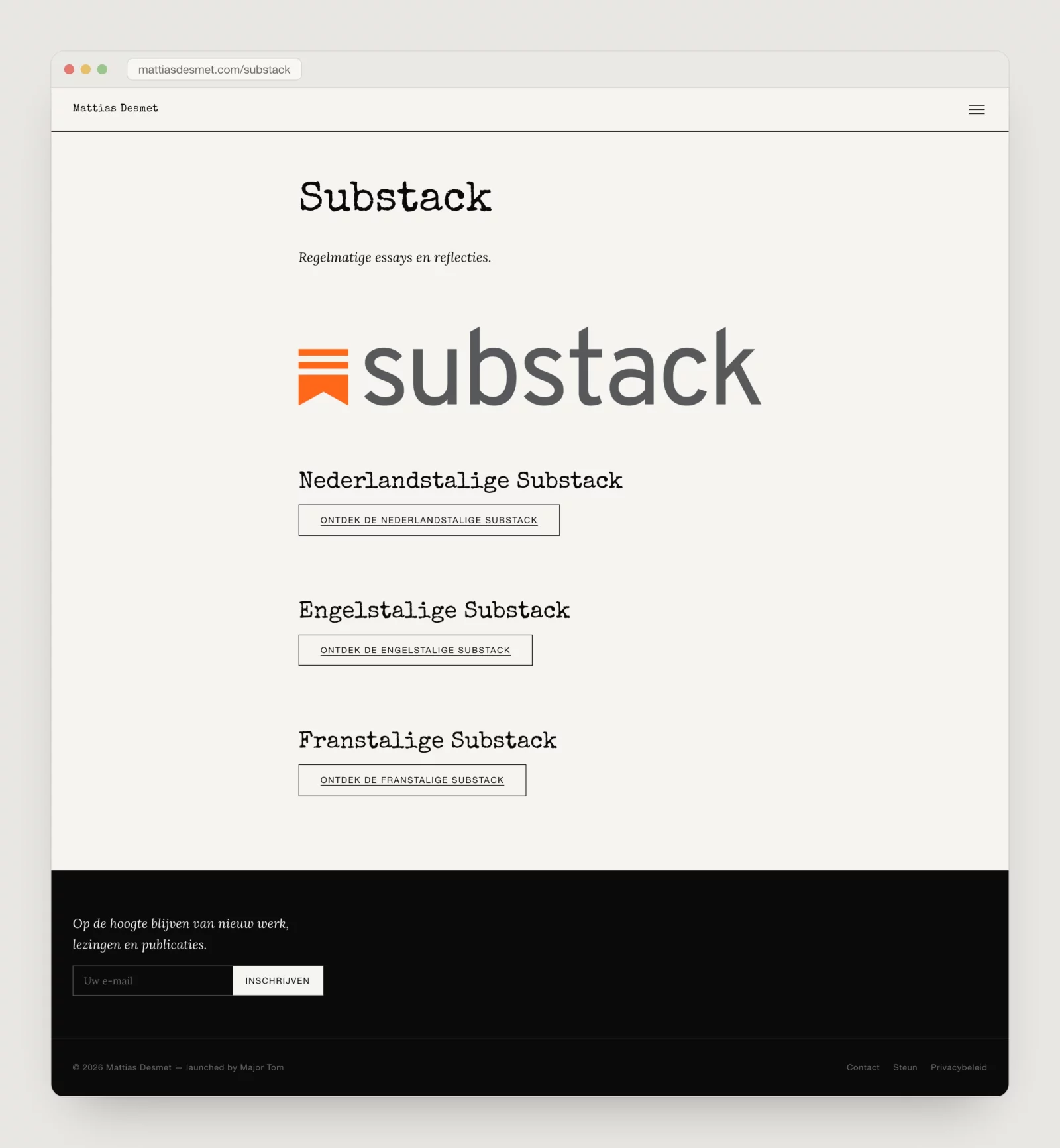 The Substack page with newsletter sign-up