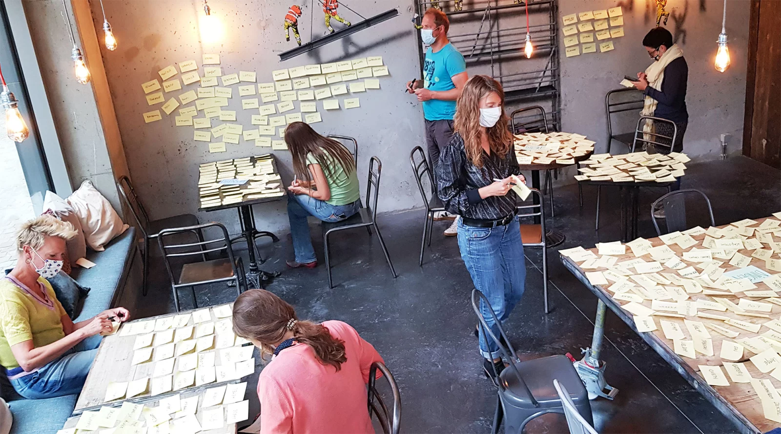 Een cocreatiesessie: mensen rond tafels vol gekleurde post-its