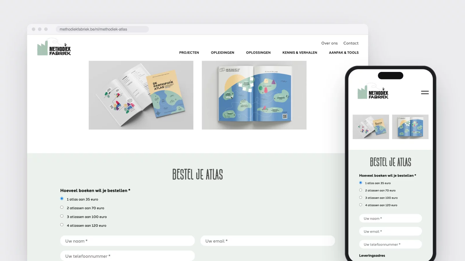 De bestelpagina van de Participatie Atlas met de vier prijsopties en het leveringsadres, op desktop en gsm