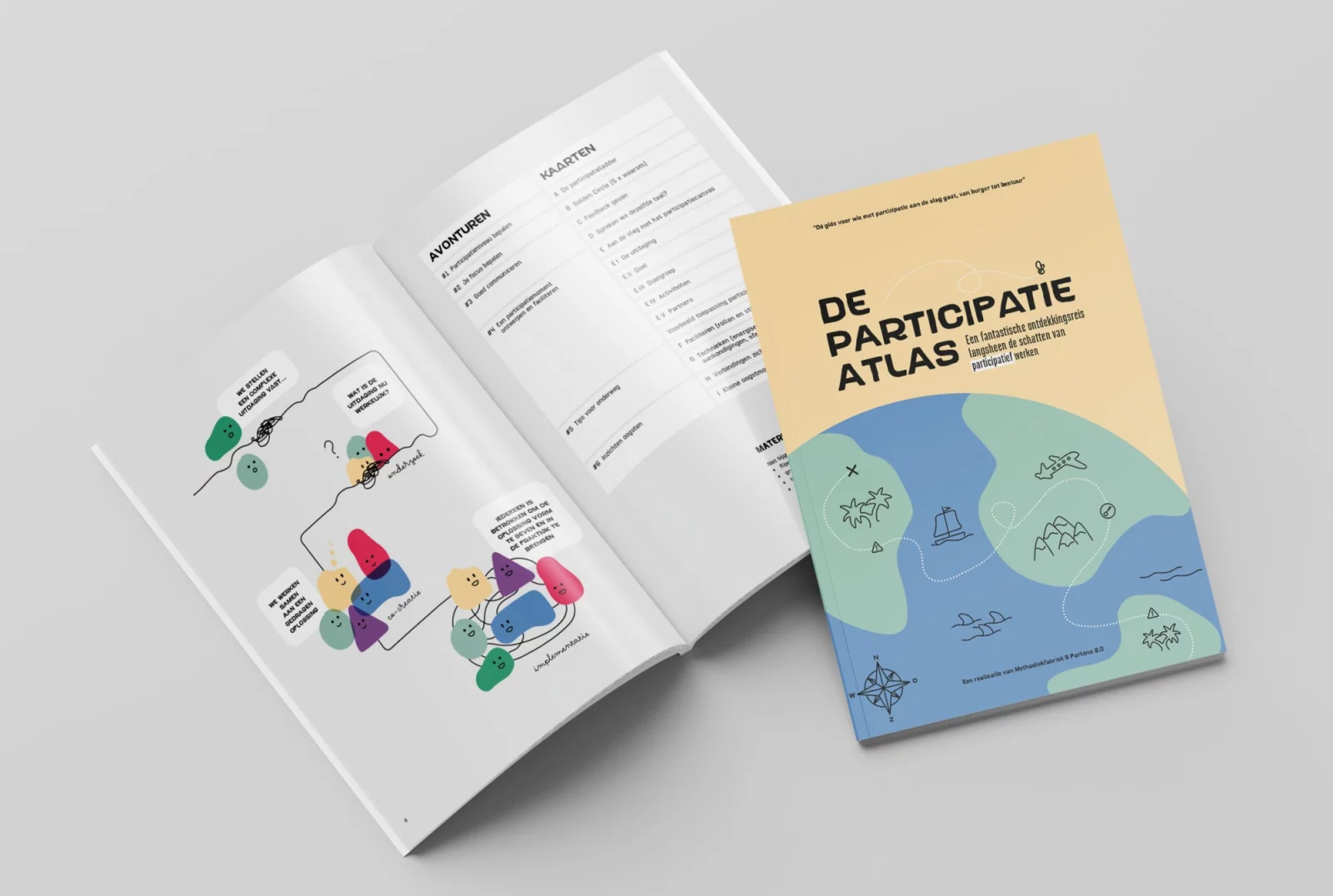 De Participatie Atlas als boek, met een binnenpagina waarop het participatiecanvas staat