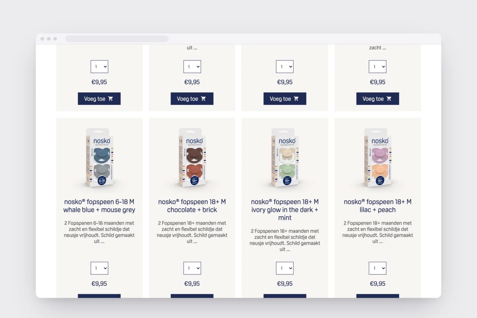 Pacifiers in different colours in the 2021 nosko webshop