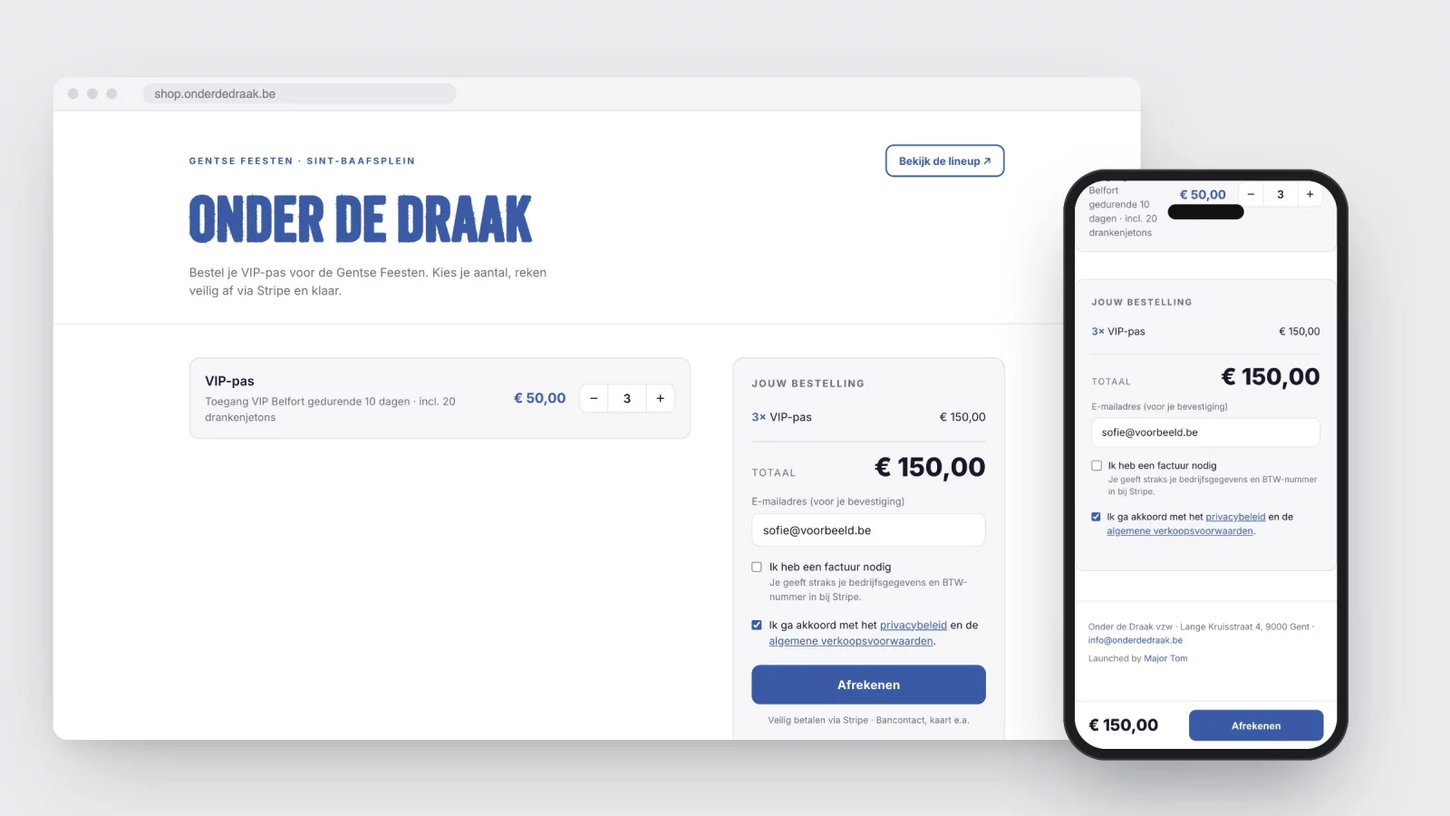 The Onder de Draak shop on desktop and on a phone: the VIP pass with quantity, the total and the checkout button