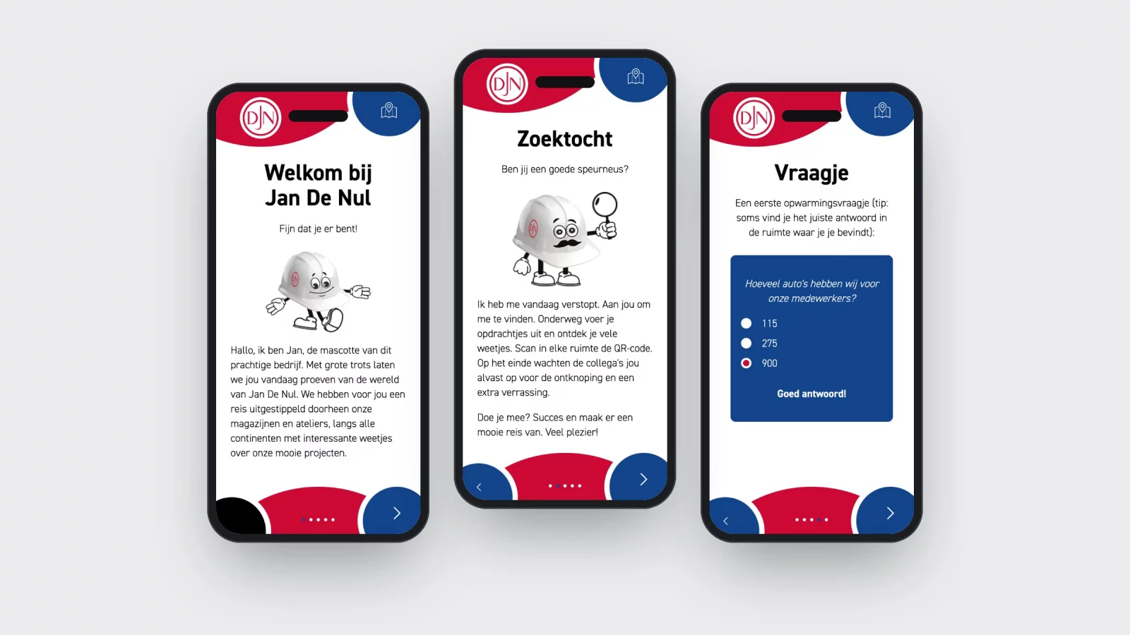 Three screens of the treasure hunt: welcome, Jan with a magnifying glass and a first question with the right answer