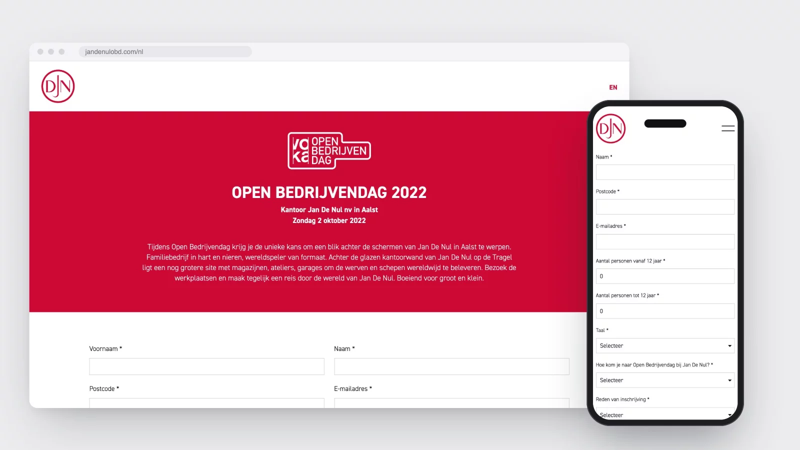The registration site for the Open Company Day at Jan De Nul on desktop, with the form on a phone