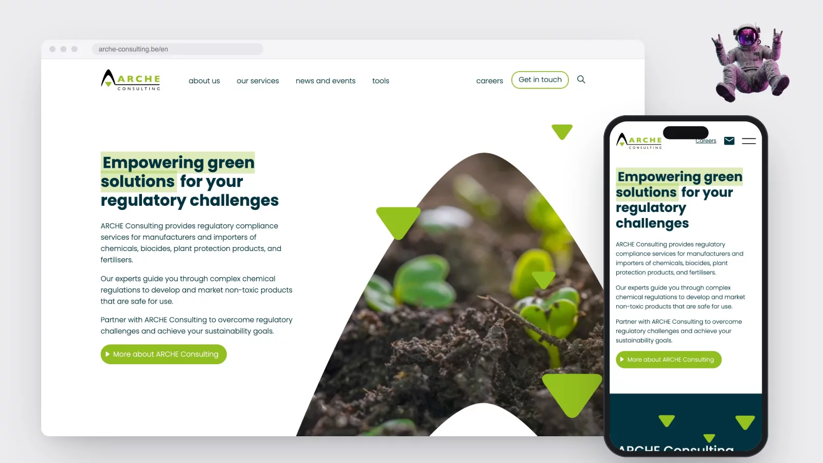 The arche-consulting.be homepage in a browser window, with the brand&rsquo;s green triangles, next to the same page on a phone