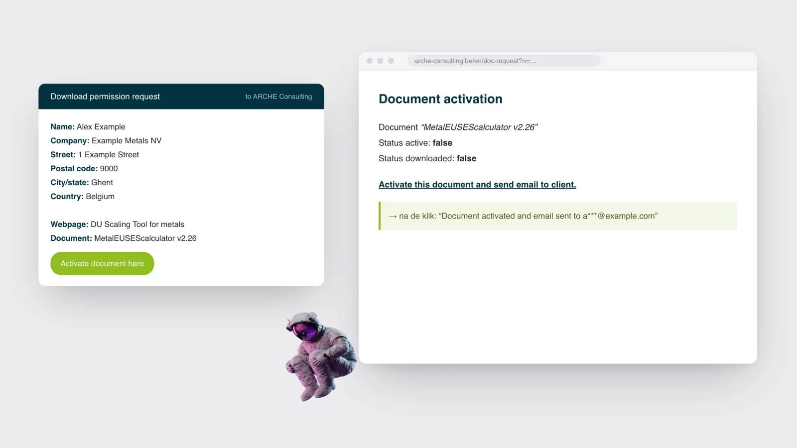 Rebuilt: the notification ARCHE receives by email for a download request, next to the screen where a colleague activates the document