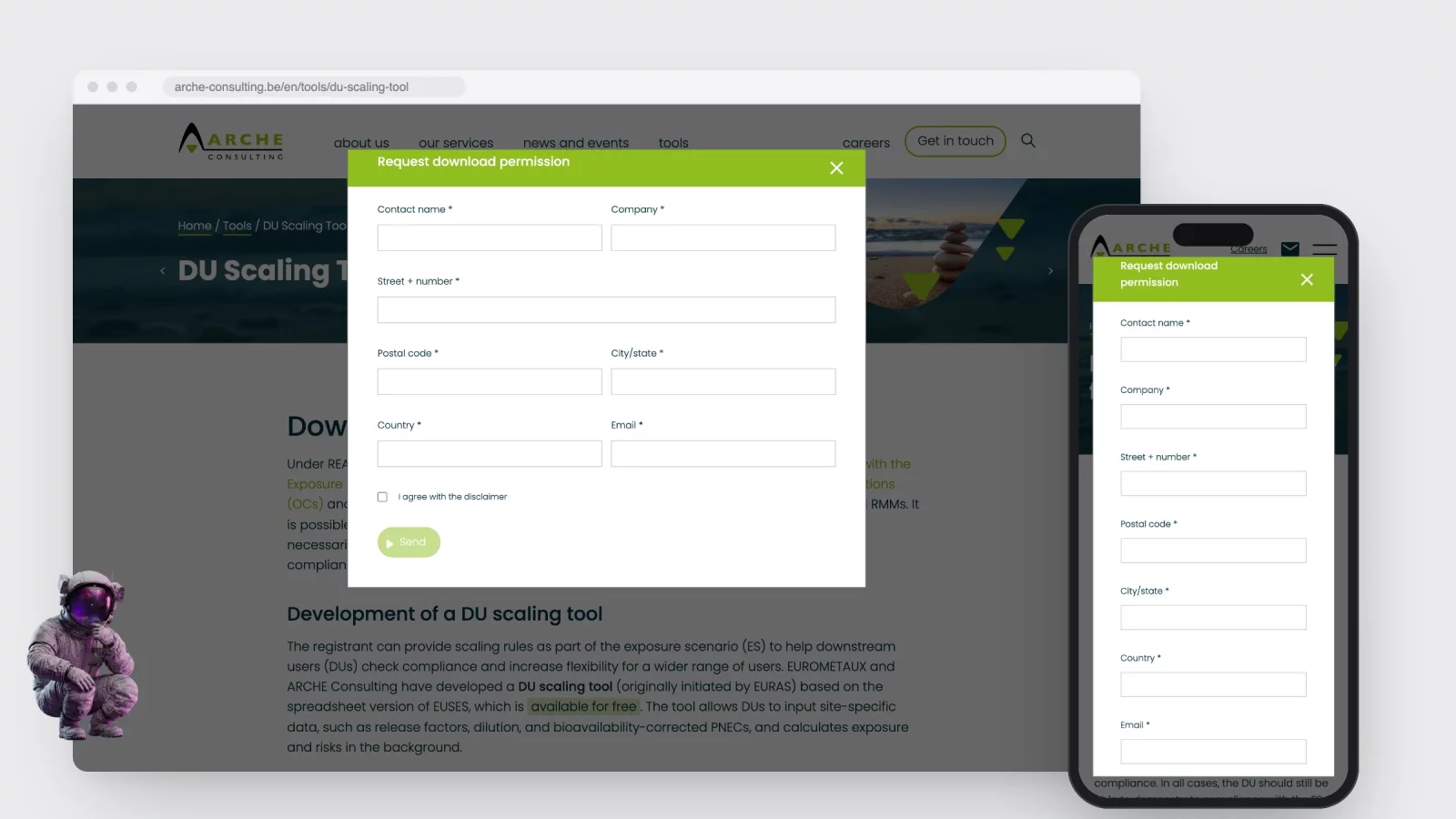 The Request download permission form on the DU Scaling Tool page, in a browser window and on a phone