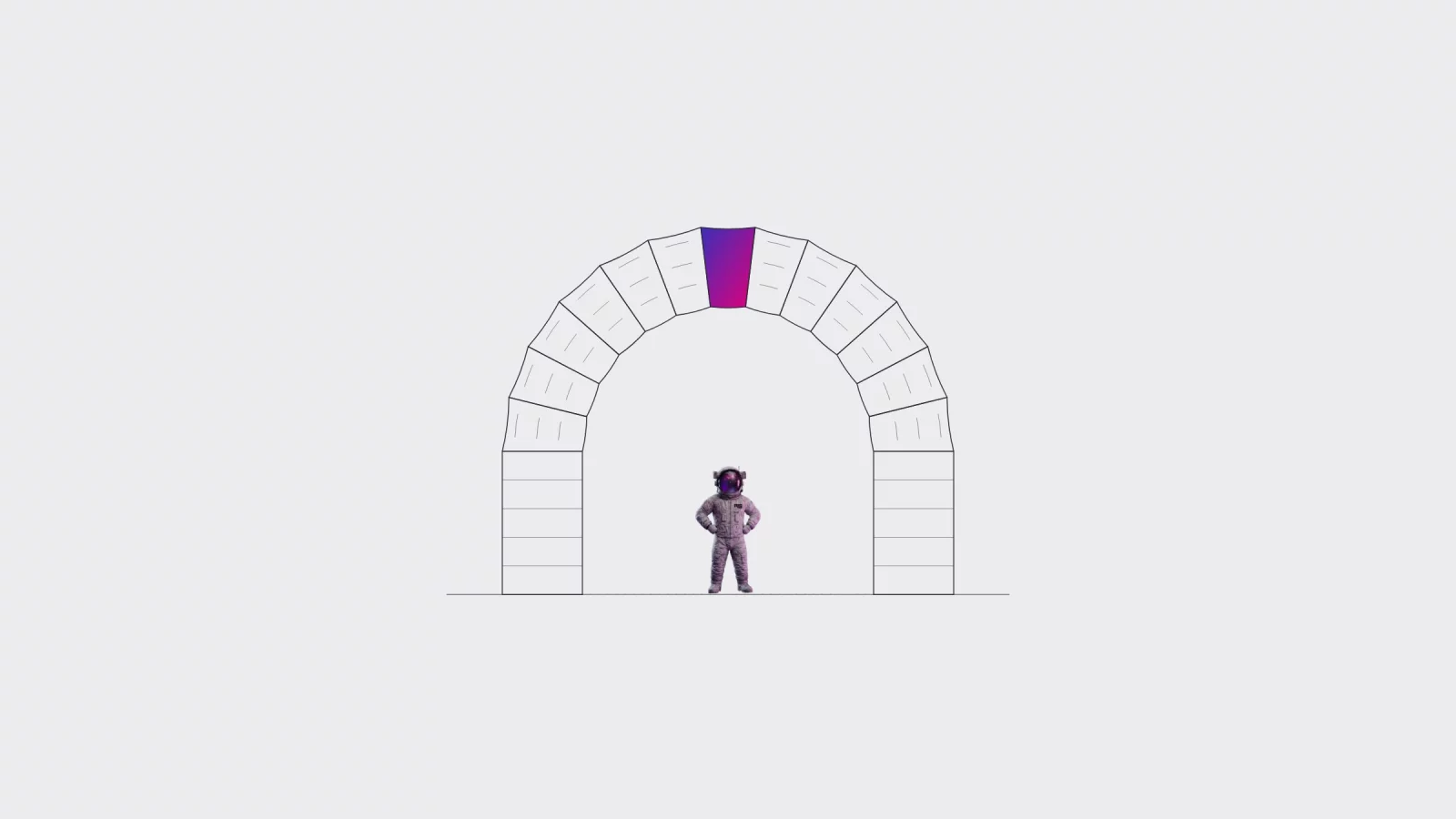 Diagram: a round arch built out of sheets of paper, with the keystone in a colour gradient and a small astronaut standing underneath