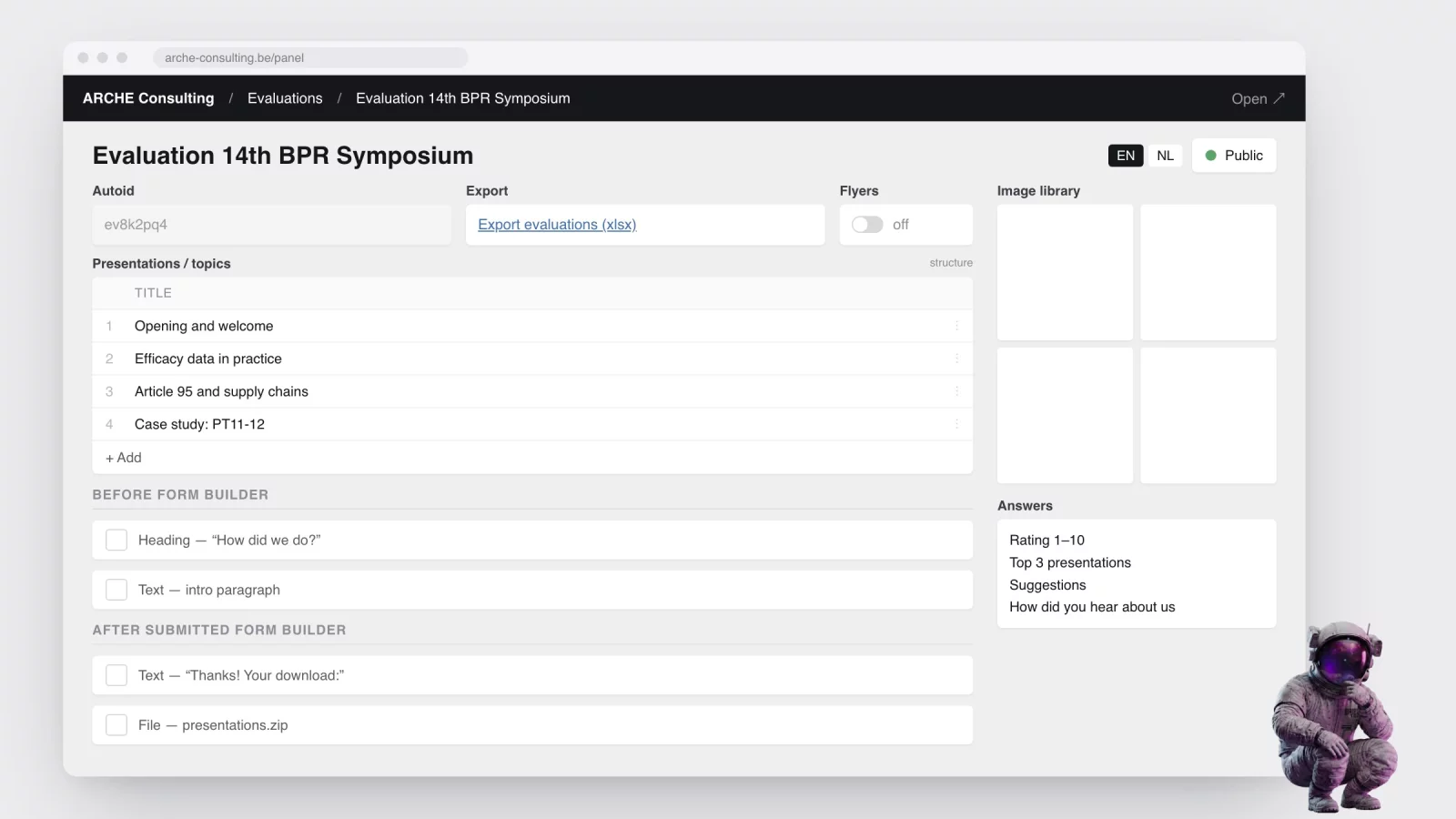 Rebuilt admin screen: an evaluation form in the CMS with a list of presentations, blocks before and after submission and an export link