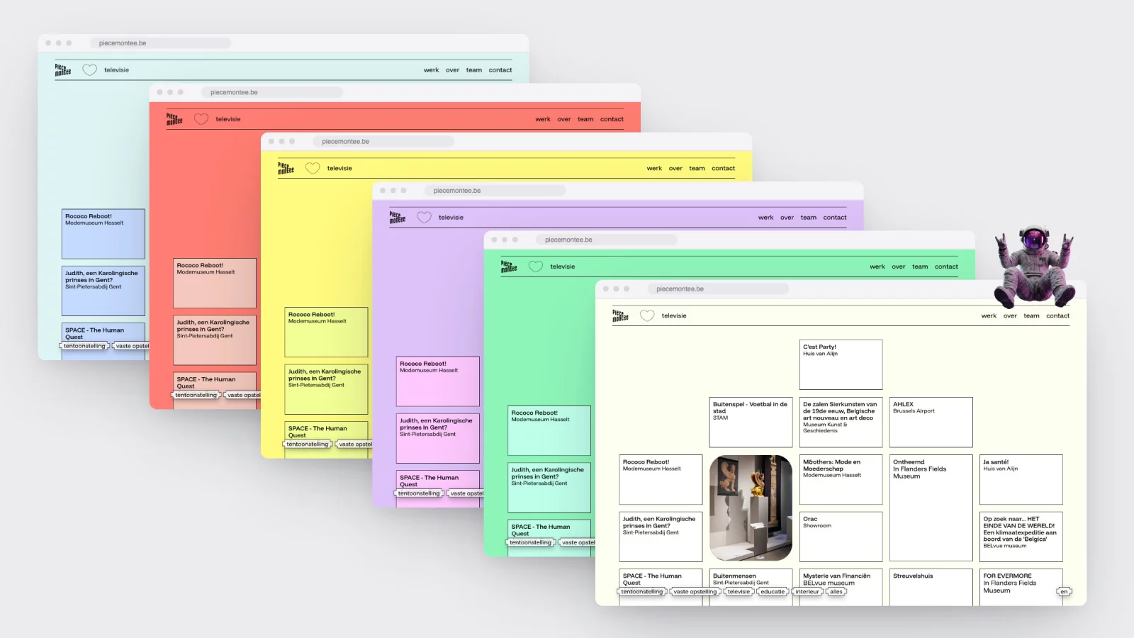 Six browser windows showing the Pi&egrave;ce Mont&eacute;e homepage in six colour palettes, with an astronaut sitting on the last window