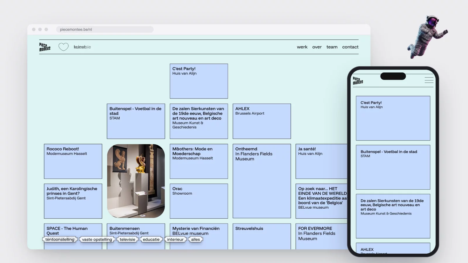 The piecemontee.be homepage in light blue with one tile in rollover showing a museum photo, and the same homepage on a phone