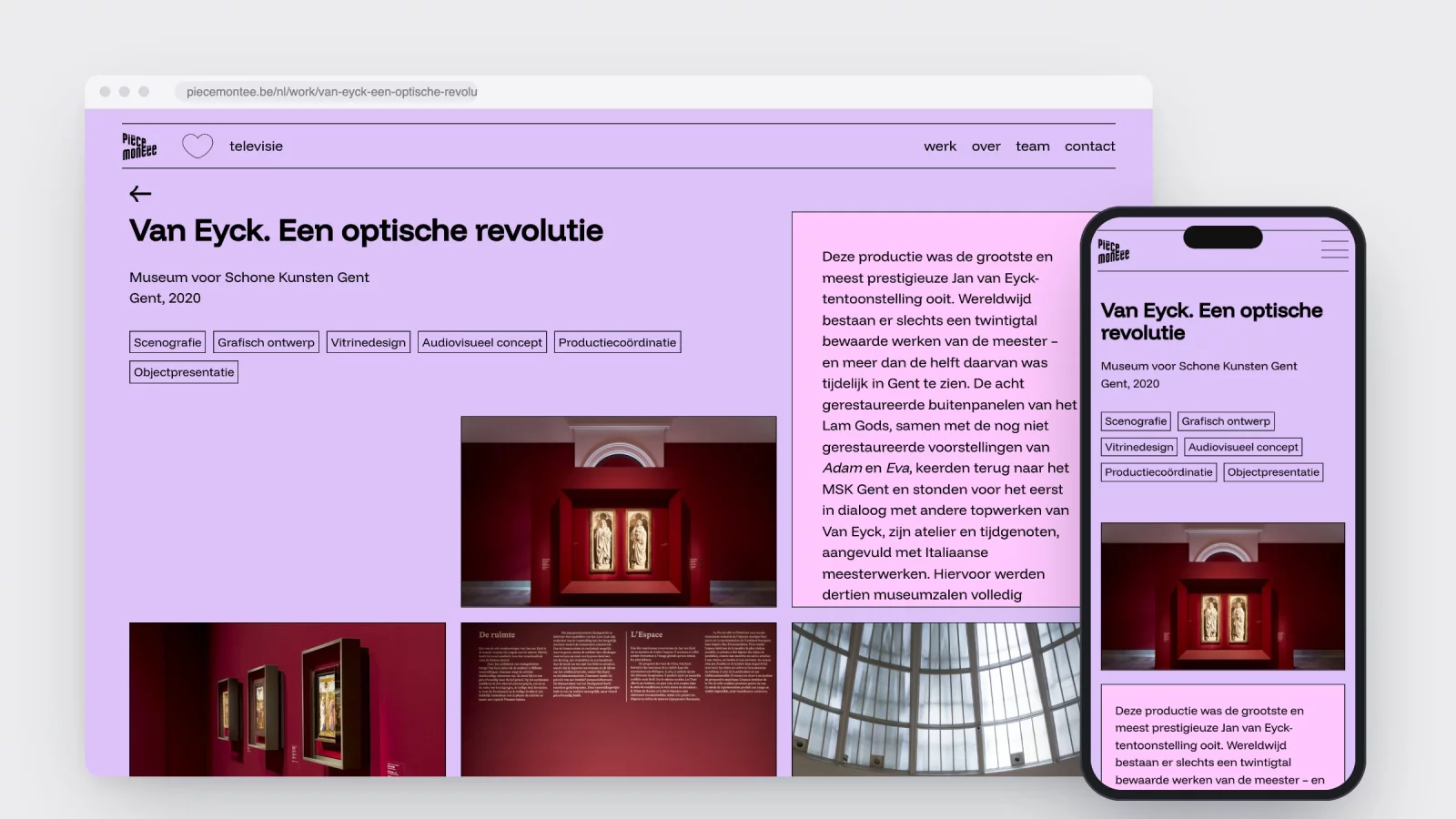 The project page for Van Eyck. An Optical Revolution on desktop and phone, in lilac, with labels, a text box and exhibition photos
