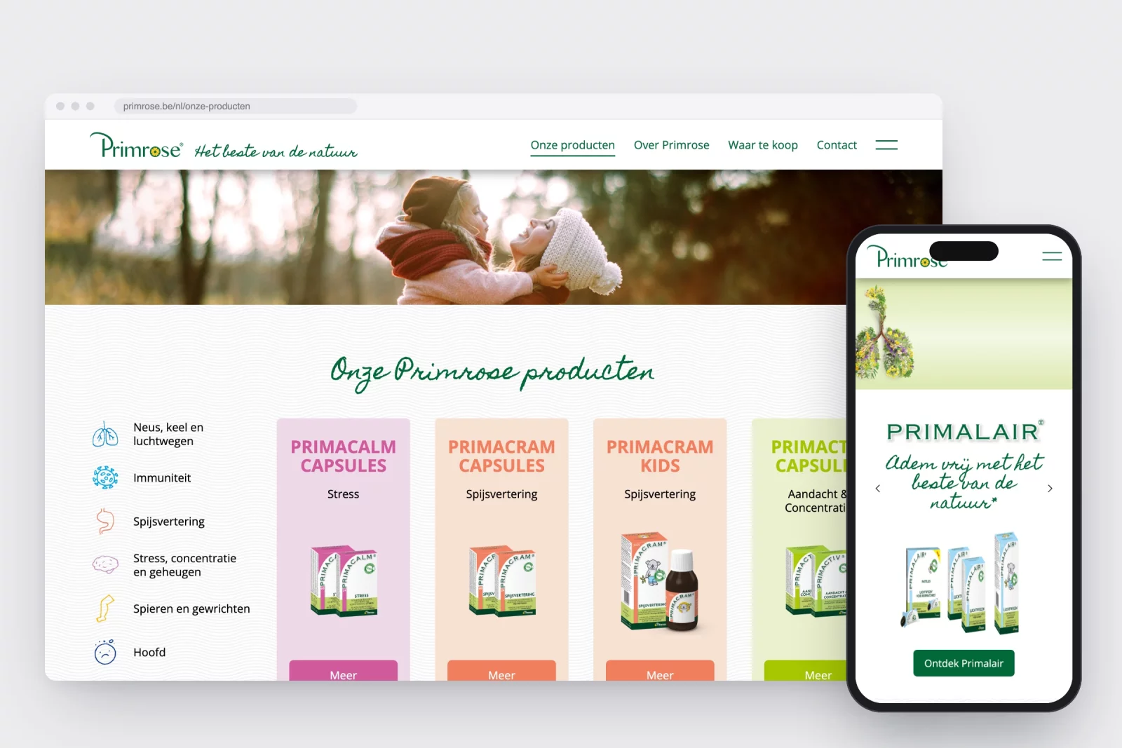 The primrose.be product overview with filters by complaint, and the homepage on a phone