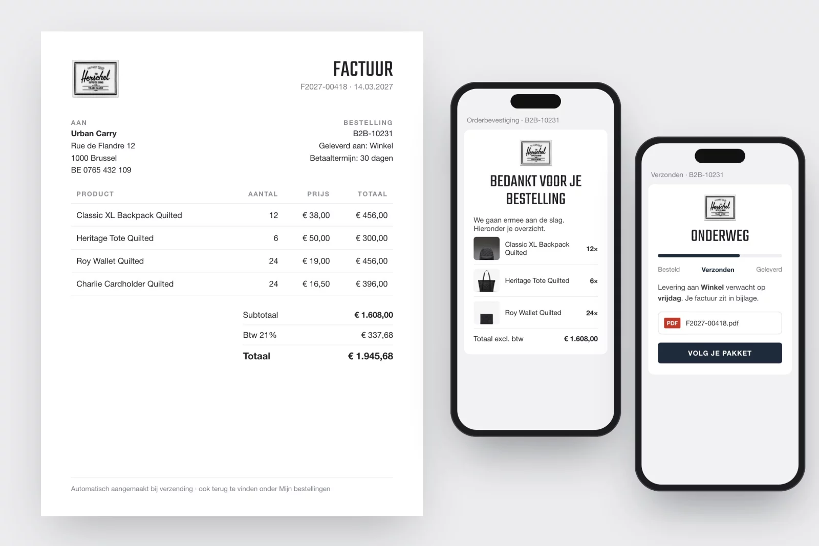 An invoice and two transactional emails on a phone: the order confirmation and the shipping notice