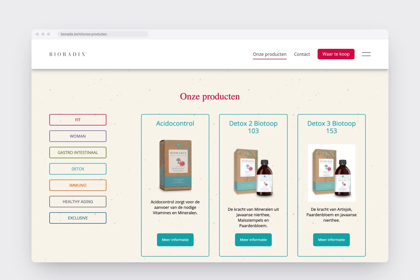 The bioradix.be product overview with colour-coded category filters