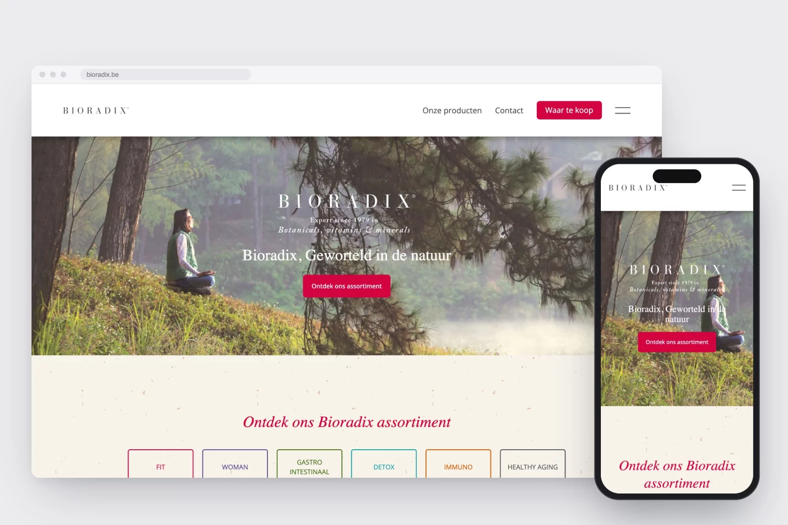 The bioradix.be homepage on desktop and on a phone
