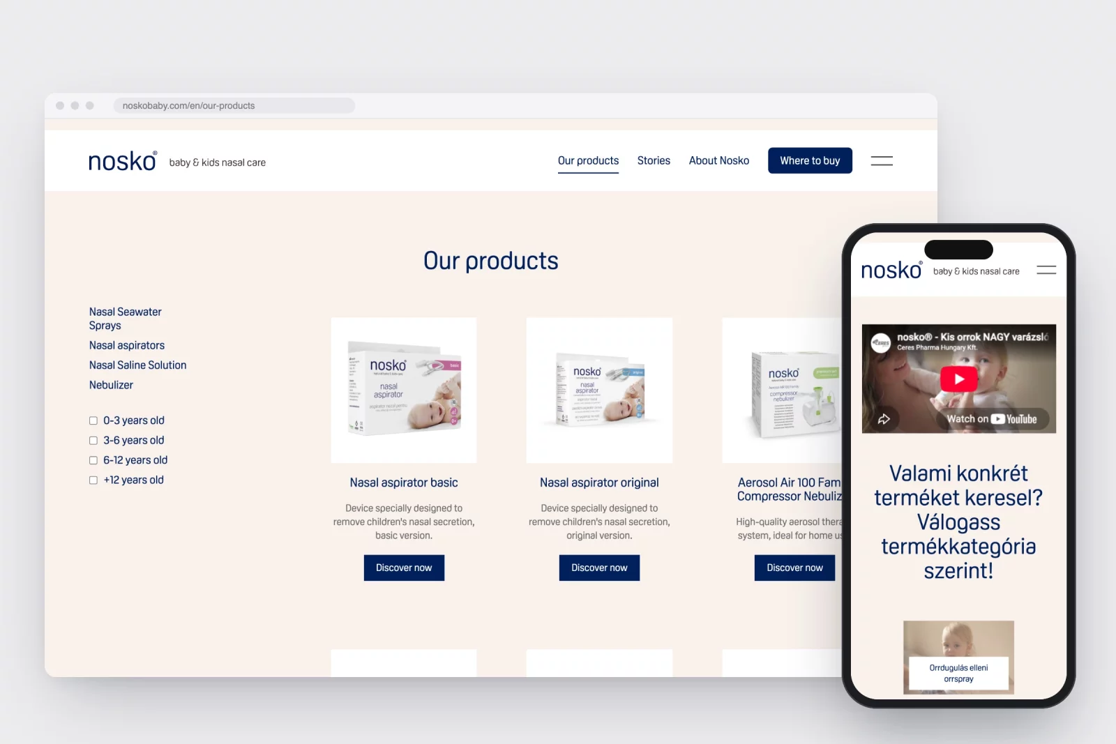The noskobaby.com product overview with filters by category and age, and the homepage in Hungarian on a phone