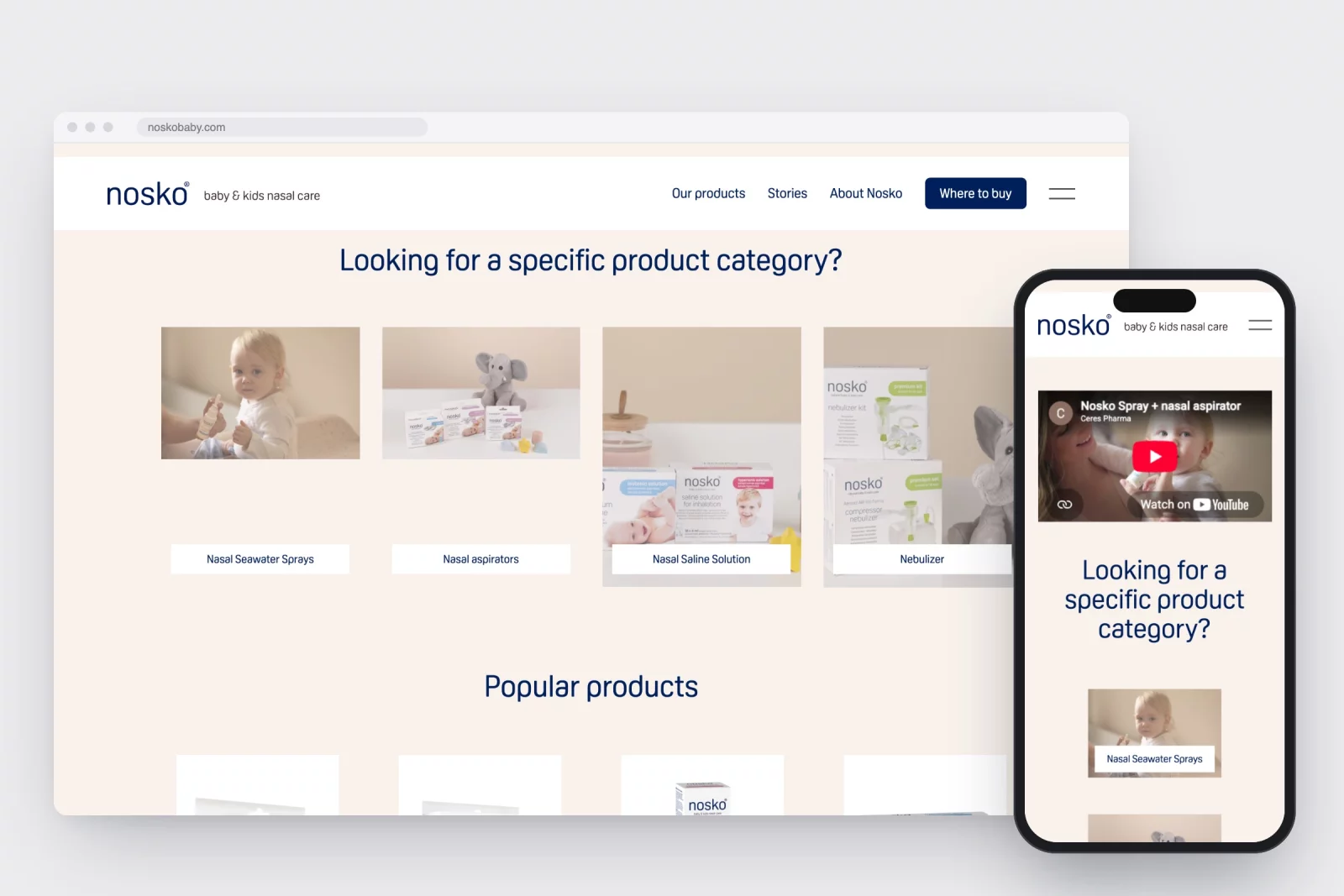 The noskobaby.com homepage with product categories on desktop and on a phone