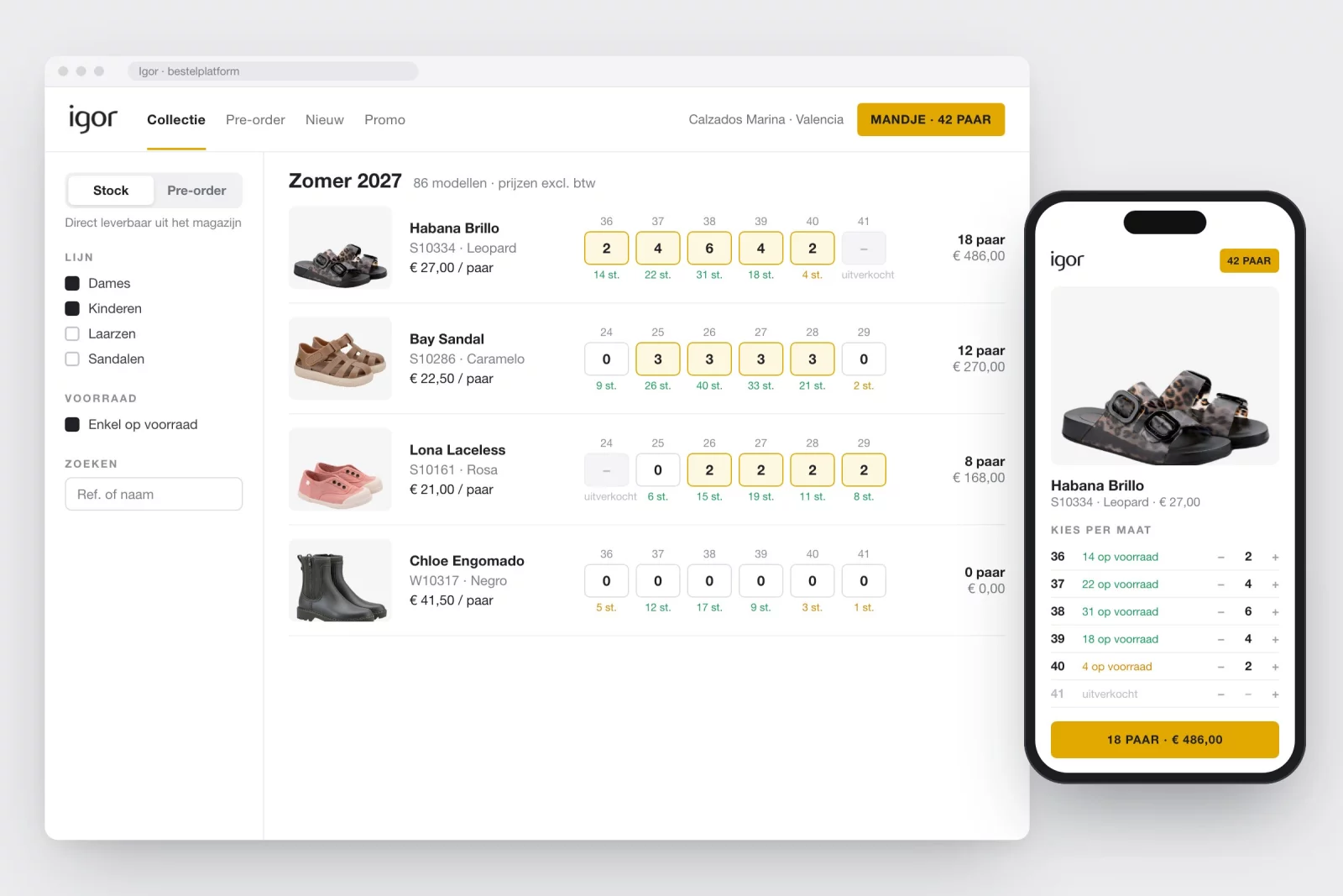Igor&rsquo;s ordering platform: models with an input per size and the stock underneath, and a product page on a phone