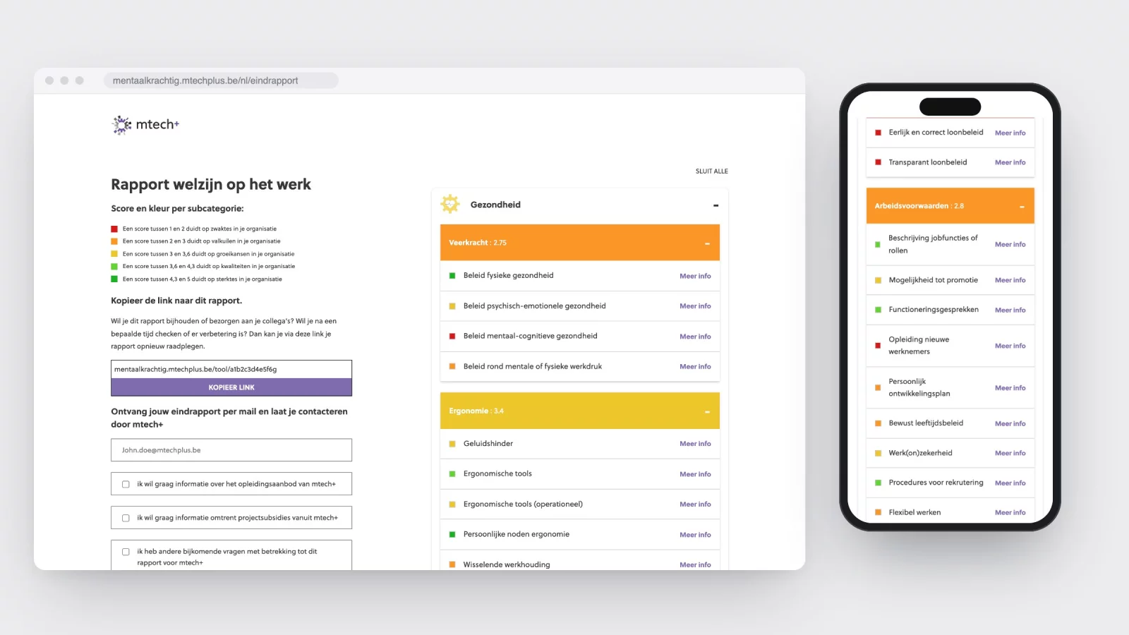The final report on desktop and phone: on the left the five-colour legend and the report link, on the right the themes with a coloured bar and a score for each sub-theme