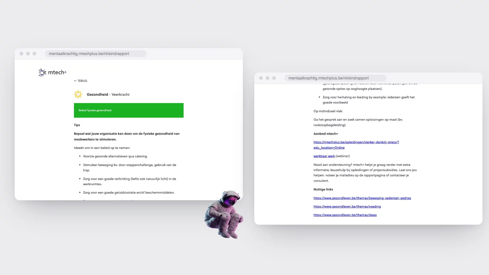 Two browser windows showing the detail page of one statement: tips and resources at the top, the mtech+ training offer and useful links further down
