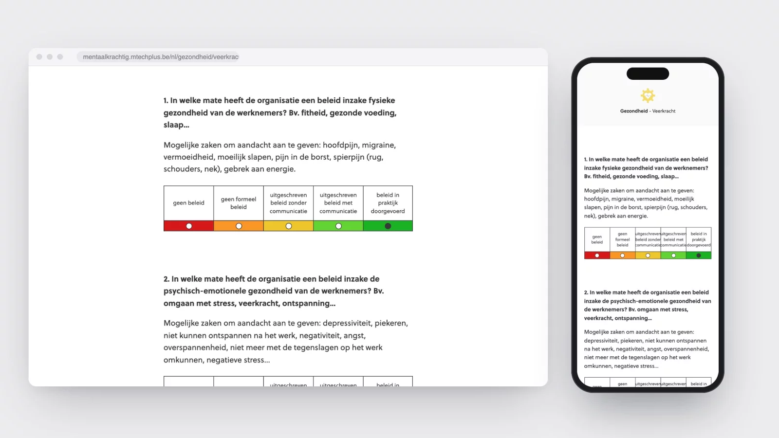 A question screen of Mentaal krachtig on desktop and phone, each statement followed by five coloured blocks from red to green with labels above them