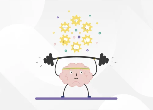 Illustration of a brain in a sweatband lifting a barbell, with yellow cogs floating above it