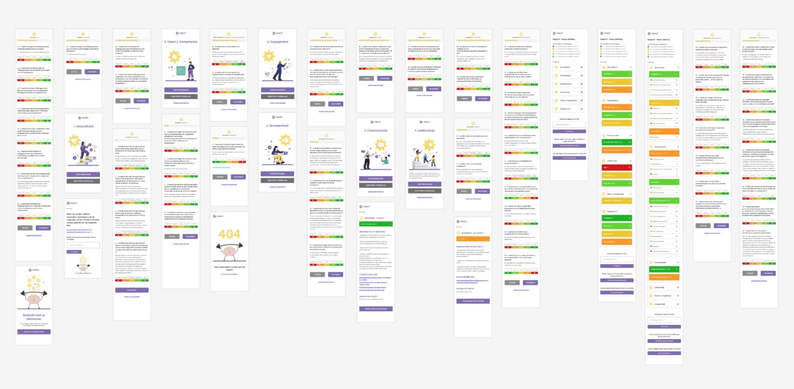 An overview of about twenty mobile screen designs of the questionnaire: theme screens, questions with the red-to-green scale, the report, the thank-you page and a 404 page