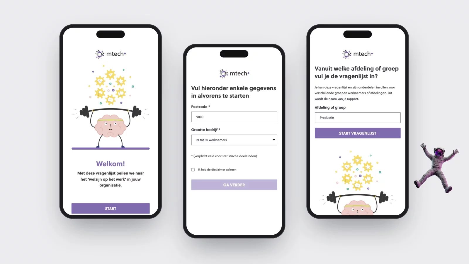 Three phone screens of the questionnaire: the welcome screen with the start button, the screen asking for postcode and company size, and the screen where you name your department