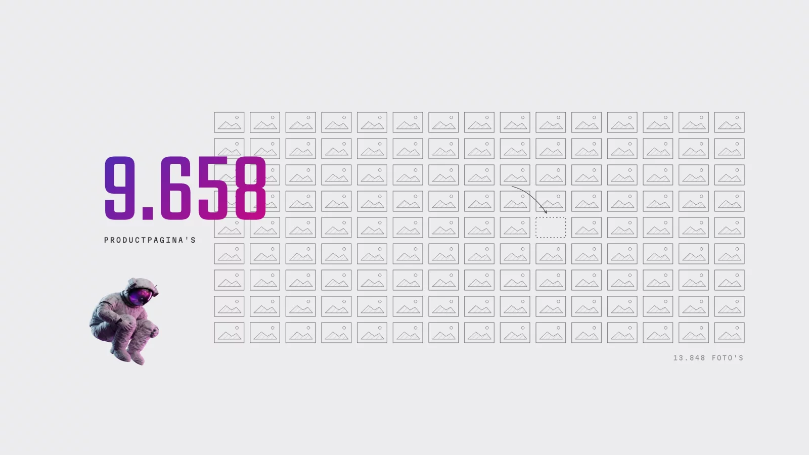 Diagram: a grid of small photo frames with one empty slot, next to the number 9,658 and a small astronaut